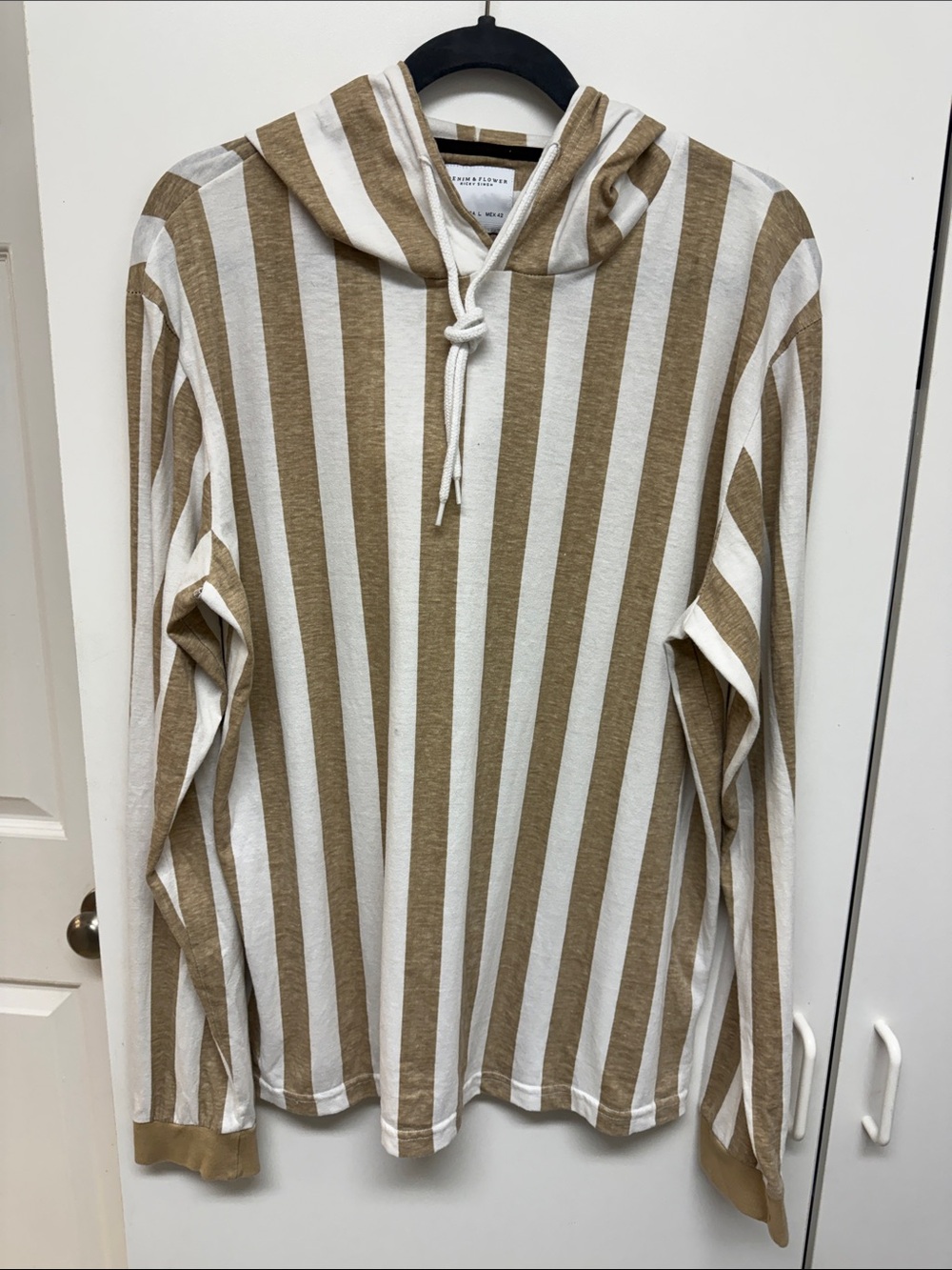 Denim & Flower Tan and White Striped Hooded Long Sleeve Top